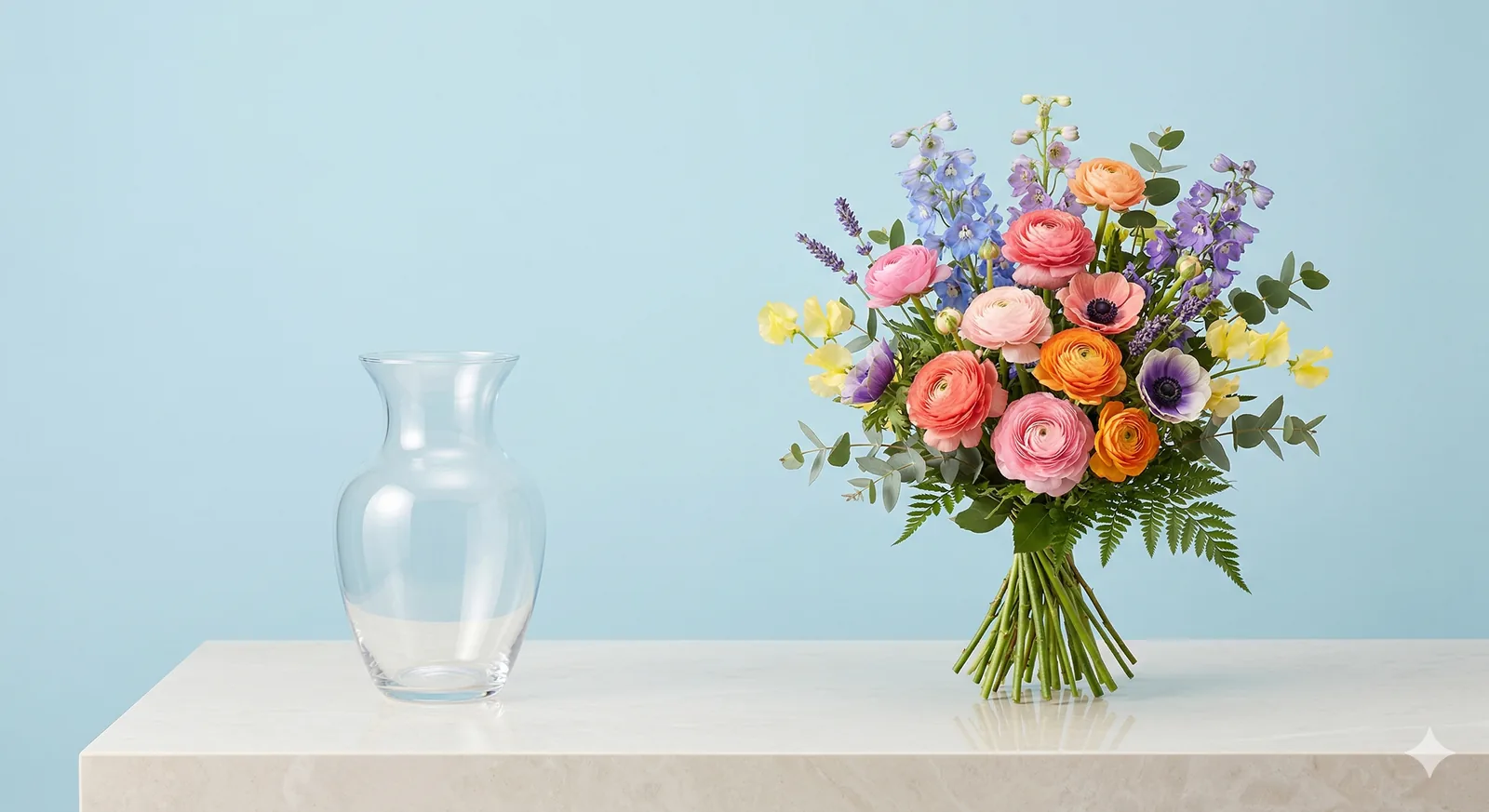Fresh colorful flowers standing upright on their own beside an empty glass vase on a clean bright surface, representing structures that exist but are no longer required.